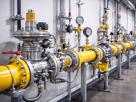 Industrial gas pipeline system with valves, pressure gauges and control panel