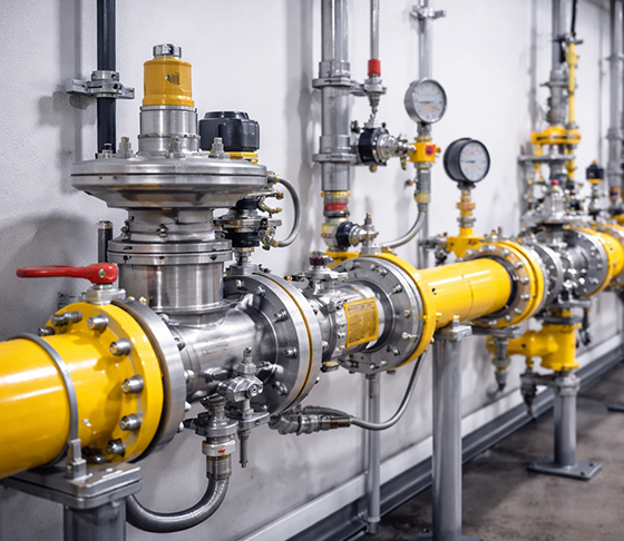 Industrial gas pipeline system with valves, pressure gauges and control panel